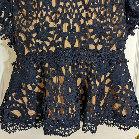 For Her NYC Navy Crochet Floral V Neckline Cap Sleeve Peplum Style Blouse - XL - Picture 5 of 13
